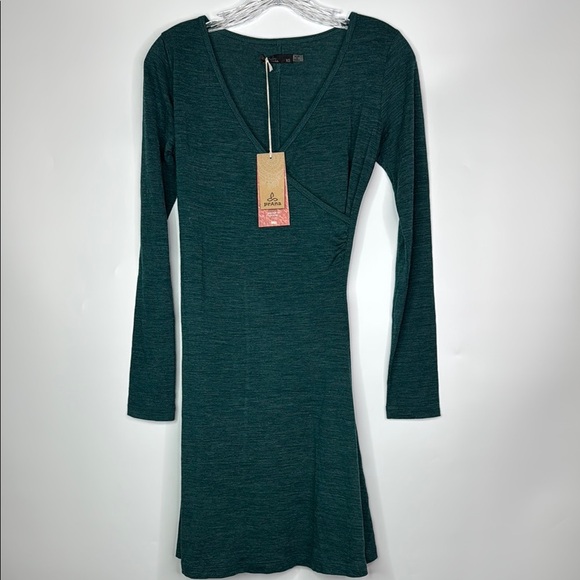 Prana Nadia Green Wool Blend Long Sleeve Vneck Dress Size XS NWT - Picture 1 of 10